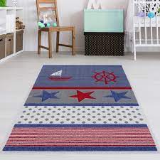 Wie ein stolzer seemann präsentiert sich der gestreifte anker teppich. Kinderzimmer Teppich Maritim Blau Rot Teppich4kids