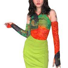 Compre Long Fingerless Gloves Women Sleeveless Mesh Crop Top With Color Block Tie Dye Sexy V Neck Ruched Slim Vest Shirts Barato Frete Gratis Avaliacoes Reais Com Fotos Joom