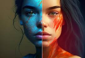 Woman with blue and orange face paint two different characters professional  retouching bright and contrasting colors beautiful woman with detailed face  generative ai