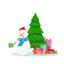 Un Bonhomme De Neige Heureux Distribue Des Cadeaux à Côté Du Sapin De Noël.  Illustration De Dessin Animé De Vecteur | Vecteur Premium