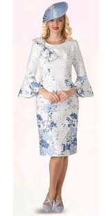 Lily And Taylor 4356 Blue Ladies Church Dress With Bell Sleeves Shoulder Bow Church Dresses For Women Church Dresses Womens Dress Suits