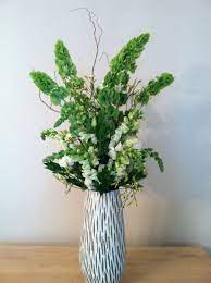 Bells Of Ireland White Snapdragons Yellow Limonium Curly Willow Tips In Ceramic Vase Centerpieces Vase Tall Vases