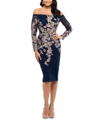 Xscape Petite Embroidered Lace Off The Shoulder Dress Blue 12p Gold Embroidered Dress
