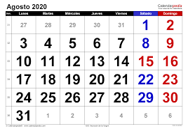 Aquí presentamos nuestro calendario tributario versión digital por el año 2021, en el que podrás consultar las fechas relacionadas con la declaración y pago de las obligaciones fiscales requeridas por la dian, como, por ejemplo, el impuesto de renta, iva, retención en la fuente, entre otras. Calendario Agosto 2020 Calendarpedia