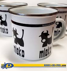 Kubek z buką, włóczykijem, mała mi. Krowka Mleko Kubek Emaliowany