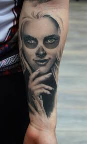 Sugar skulls and red rose flower tattoo on half sleeve. Day Of The Dead Sleeve