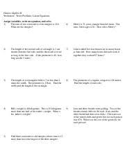 Find solve math problems algebra on topsearch.co. Word Problems Linear And Inequalities Pdf Honors Algebra Ii Worksheet Word Problems Linear Equations Assign Variables Write An Equation And Solve 1 Course Hero