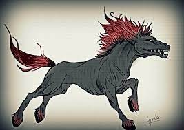 Shock Appearing As A Hybrid Of A Devilish Horse And An Enormous Dog Or Wolf These Terrifying Hel Cool Mythical Creatures Mythological Creatures Creature Art