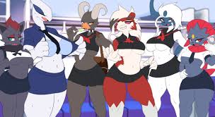 277699 - suggestive, artist:burgerkiss, edit, absol, fictional species,  houndoom, legendary pokémon, lugia, lycanroc, mammal, midnight lycanroc,  weavile, zorua, anthro, nintendo, pokémon, 2022, bedroom eyes, belly  button, black nose, bottomwear, bra ...