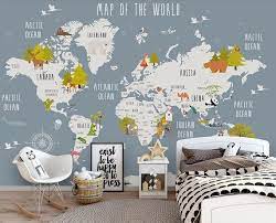 Kids Wallpaper Kids World Map Wall Mural Nursery Map Wall Decor Wall Art Kindergarten Baby Room Kids Room Murals Kids Room Wall Kids Wall Decor