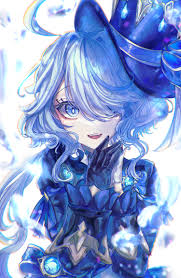 furina (genshin impact), genshin impact, highres, 1girl, ahoge, ascot,  black gloves, blue eyes, blue hair, bow, frilled sleeves, frills, gloves,  hair between eyes, hair over one eye, hat, light blue hair, long