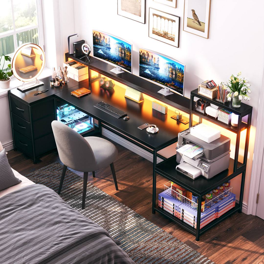 71"w Led L-shaped Computer Desk,gaming Desk With Power Outlet,home Office Desk With Monitor Stand Wrought Studio