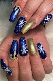 These nail art designs are about to blow up, thanks to street style. 57 Festive Christmas Nail Art Ideas Dark Blue And Gold Christmas Nails Best Acrylic Nails Ombre Nails Nail Art Designs Lipsticks