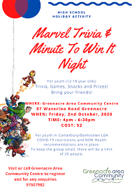Once you've stocked up on halloween treats and all things pumpkin spice, you might want to give your wallet some time to breathe. School Holiday Activities Marvel Trivia Minute To Win It Night Greenacre Area Community Centre