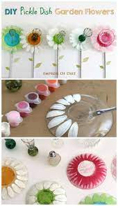 Diy Pickle Dish Garden Flowers How To Turn Plain Glass Dishes Into Sweet Garden Art Gardenart Gardenjunk Glass Garden Art Garden Art Glass Plate Flowers