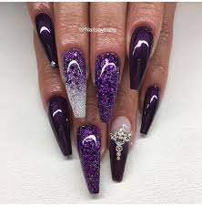 Long purple coffin nails with rhinestones. Glittering Purple W Silver Black Nails Coffin Nails Designs Purple Nails Nail Designs