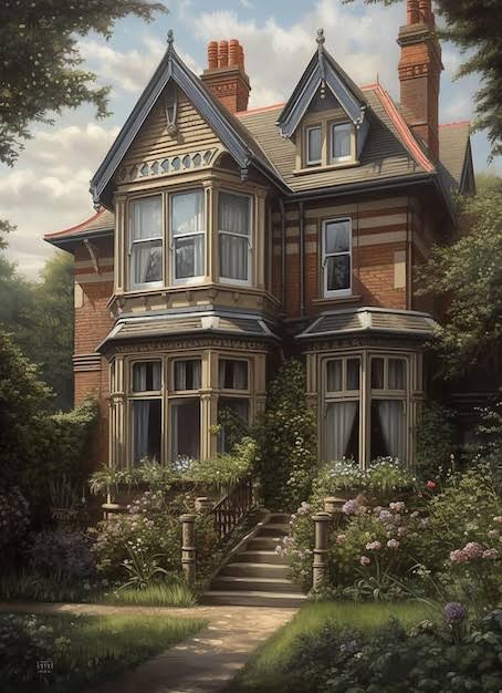 Painting of a victorian house with a garden and steps leading to the front  door generative ai | Premium AI-generated image