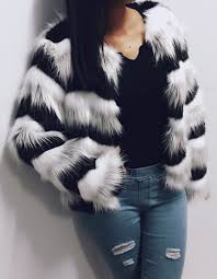 Black And White Faux Fur Coat Black White Striped Womens Faux Fur Jacket Fur Coats Women Stripe Fur Coat Faux Fur Coat
