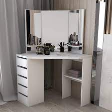 Make up vanity with drawers,mirrored bedroom furniture,mirrored console table,mirrored furniture for sale,mirrored glass, with resolution 1280px. Amazon Com Corner Dressing Table Makeup Desk With Three Fold Mirror And 5 Drawers Wooden Bedroom Vanity Table White Kitchen Dining
