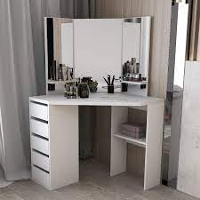 Explore vanity lighting for additional ways to elevate your space and make dressing up something fun every single day. Amazon Com Corner Dressing Table Makeup Desk With Three Fold Mirror And 5 Drawers Wooden Bedroom Vanity Table White Kitchen Dining