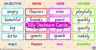 ' and ' here is a…. Making Silly Sentences Using Adjective Noun Verb Adverb Cards Http Www K 3teacherresources Com Verb Words Nouns Verbs Adjectives Nouns And Adjectives