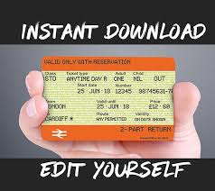 Printable Editable Fake British National Rail Ticket Boarding Pass To Give As A Gift Print At Home Destination Train Pa Train Gifts Train Template Rail Ticket