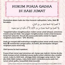 Bagi wanita yang tempoh haid 5 ke 7 hari mungkin boleh dan sempatlah untuk ganti puasa dulu kemudian puasa lagi untuk puasa 6, tetapi isunya bagaimana bagi mereka seseorang itu tidak boleh mendahulukan puasa sunat enam pada bulan syawal kemudian diekori dengan puasa qadha. 1 Ramadhan Pada Hari Jumat