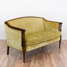 Vintage sunshine yellow crushed velvet sofa & chair from urban americana of long beach, ca | attic. This Loveseat Is Upholstered In A Durable Mustard Yellow Velvet Upholstery This Sofa Is In Great Condition With A Curved Back Love Seat Vintage Sofa Upholster