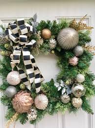 Black And White Striped Ribbon Wreath Unique Square Shaped Holiday Wreath Perfect For Your Front Door Or Over The Fireplace Silver Christmas Decorations Christmas Wreaths Holiday Wreaths Christmas
