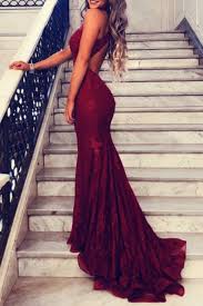 Halter Open Back Lace Mermaid Prom Dresses Maroon Prom Dress Fitted Prom Dresses