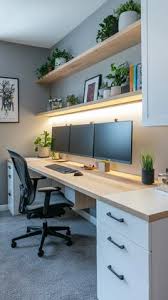 A home office desk with a task lamp providing focused light