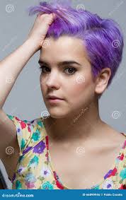 Violet Short Haired Woman Holding Her Hair Stock Photos