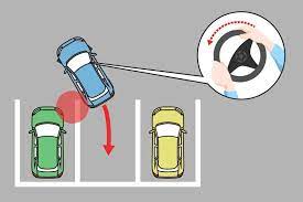 駐車枠に斜めに進入 後ろのタイヤが隣のクルマの前端を過ぎたら ハンドルを切ってクルマの向きを真っすぐにしましょう 車庫入れ 運転 クルマ