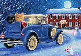 Kittens Cat Mouse Car Christmas Lights Presents Snow Original Aceo Painting Art Cats And Kittens Cat Mouse Cats Illustration