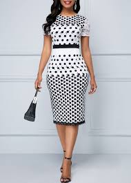Short Sleeve Lace Panel Polka Dot Sheath Dress Rosewe Com Usd 31 28 Cheap White Dress Fashion Short Sleeve Dresses