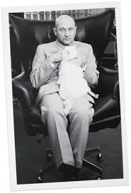 A rather unspectacular man sits behind a desk, petting a cat and reading from a sheet of paper. The Classic Blofeld And And G Plan 6250 For When You Wat To Conquer The World An Hold A Cat 9gag