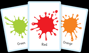 Common colors depicted with splashes of paint. Free Colour Flashcards For Kids Totcards
