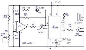 Parts list of dark detector: Intruder Alarm Circuit Diagram Using Opamp And Ic 555 Gadgetronicx