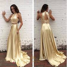 Champagne Halter Two Piece Prom Dress With Beaded Bodice And Keyhole Next Prom Dresses
