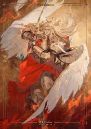 ginias, blood angels, graves, imperium of man, sanguinius, warhammer 40k,  absurdres, highres, angel wings, armor, blonde hair, blue eyes,  breastplate, dated, feathers, gauntlets, holding, holding sword, holding  weapon, laurel crown, long hair,