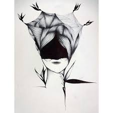 Black And White Woman Portrait Drawing Black And White Art Modern Portrait Woman Wearing Mask Original Art 27 Liked On Polyvore Featu Black Wall Art Bird Art Print Black And White Drawing