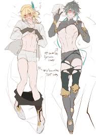 hwan (mob hwan), alhaitham (genshin impact), kaveh (genshin impact),  genshin impact, absurdres, highres, black gloves, blonde hair, blush, book,  dakimakura (medium), detached sleeves, earrings, full body, gloves, grey  hair, holding, holding book,