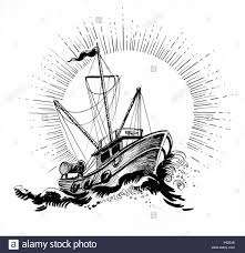 Trawler Boat In Stormy Sea Ink Black And White Drawing Stock Photo Sea Drawing Boat Drawing Black And White Drawing