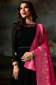 Georgette gown with 4.5+ meter flair length 57+full stitch up to 44net dupatta with thread & dori work. Buy Black Anarkali Suit With Deep Pink Dupatta Online Lstv0809 Andaaz Fashion