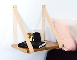 Leather Strap Hanging Bedside Table Shelf Veneer Plywood Timber With Tan Leather Modern Design W Shelf Bedside Table Leather Wall Wall Mounted Bedside Table