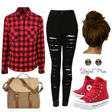 Black And Red Converse High Tops Black And Red Plaid Long Sleeve Shirt With Skinny Ripped Jeans Red High Top Converse Shoes Gol High Top Converse Outfits Red Converse Outfit High Tops Outfit