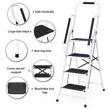 Check spelling or type a new query. 4 Step Ladder Tool Ladder Folding Portable Steel Frame Max 500 Lbs Non Slip Side Armrests Large Area Pedals Detachable Toolbag Suitable For Home Office Engineering Pricepulse