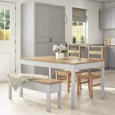 Suitable for everyday use in kitchens and dining rooms, and perfect for the clean, minimalistic look. Emerson Grey Pine Dining Table With 2 Chairs 1 Bench 279 97 Go Furniture Co Uk