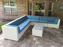 Ohana S White Wicker And Sunbrella Mineral Blue Deep Seating Sectional Coffee Tab Ohana Patio Furniture Outdoor Wicker Patio Furniture Wicker Patio Furniture