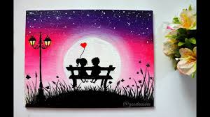 A Romantic Moonlight Night Scenery Painting For Beginners Step By Step Moonlight Painting Love Canvas Painting Scenery Paintings